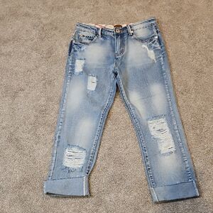 POL Light Blue Distressed Boyfriend Cuffed Jeans Leather Tag